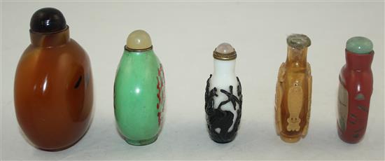 Five Chinese glass and enamel snuff bottles, late 19th / 20th century, 5.8cm - 8cm